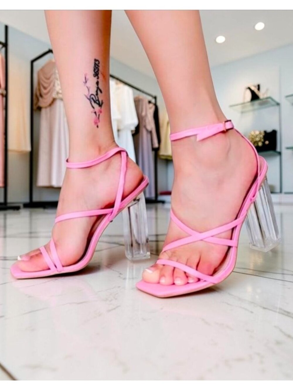 Pink Strappy Heels With Clear Block Heel Design – Womens Stylish Open-Toe Sandal - Picture 7 of 10